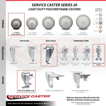 Service Caster 3 Inch Gray Polyurethane Swivel 10mm Threaded Stem Caster Set with Brake SCC SCC-TS20S314-PPUB-TLB-M1015-4